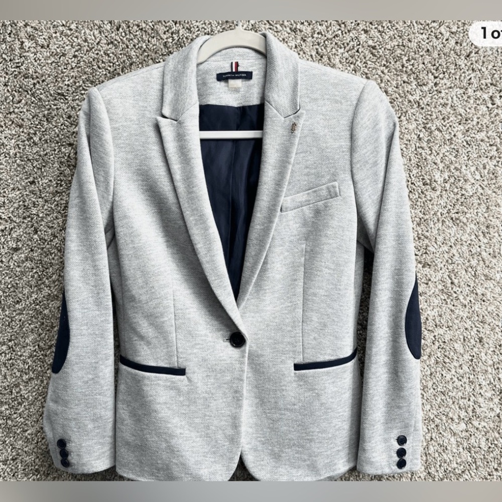 Tommy Hilfiger Womens One Button White Blazer with Blue Accents